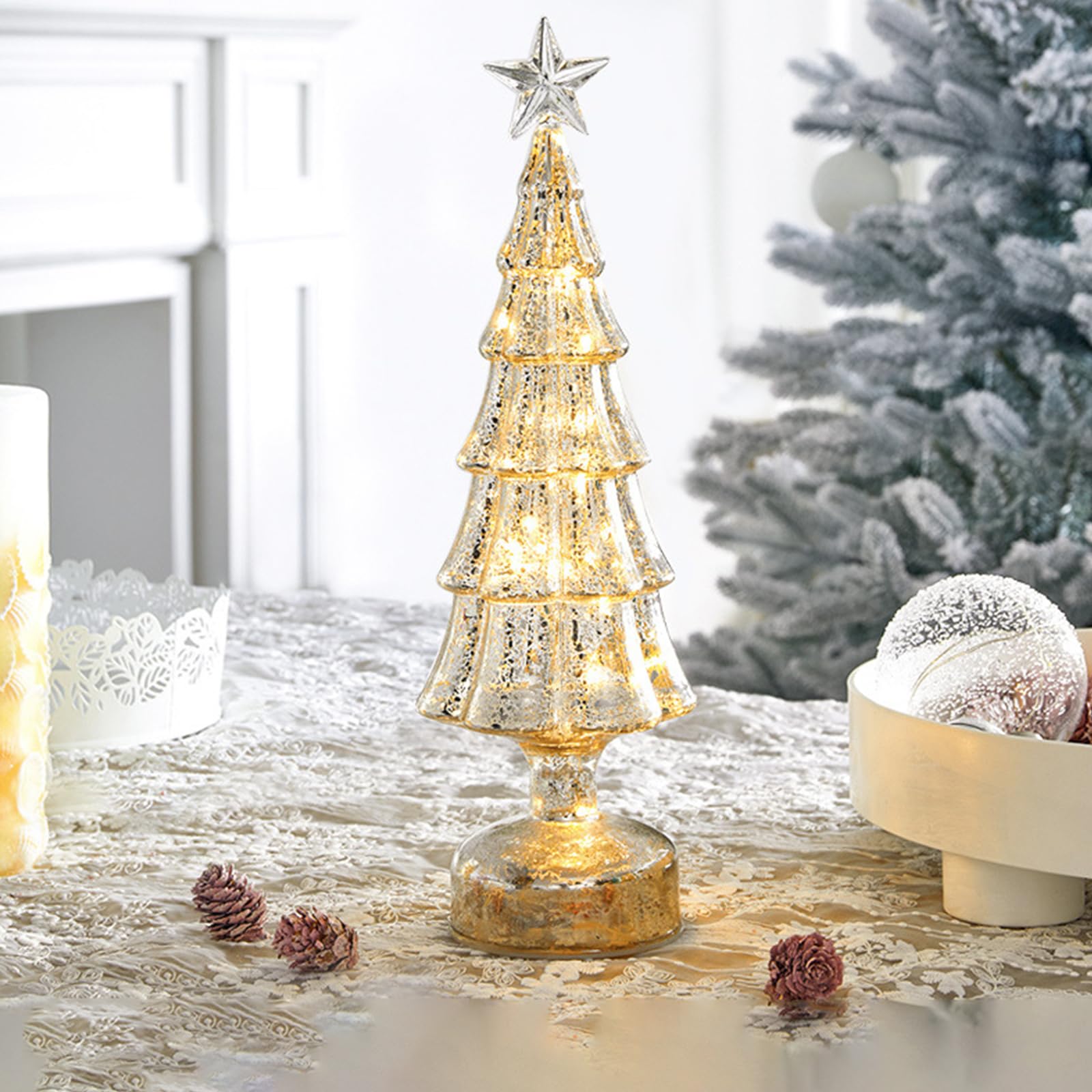 Rudfuz Silver Glass Christmas Tree Light Up, Store Lighted Glass Christmas Tree Figurine Tabletop Luminous Glass Conical Ornaments Led Glowing Christmas Tree Light Xmas Tree Decorations For Living Room Fireplace