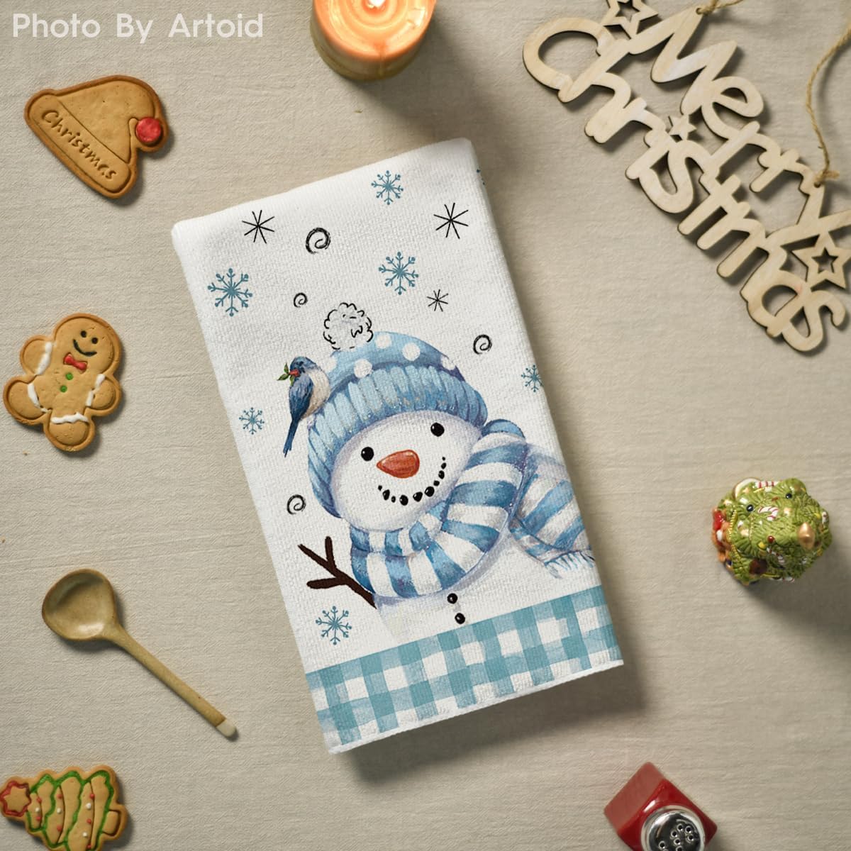 Artoid Mode Beige Blue Xmas Tree Snowman Christmas Kitchen Towels Dish Towels, 18x26 Inch Holiday Bird Believe Winter Decoration Hand Towels Set of 2 - Image 4