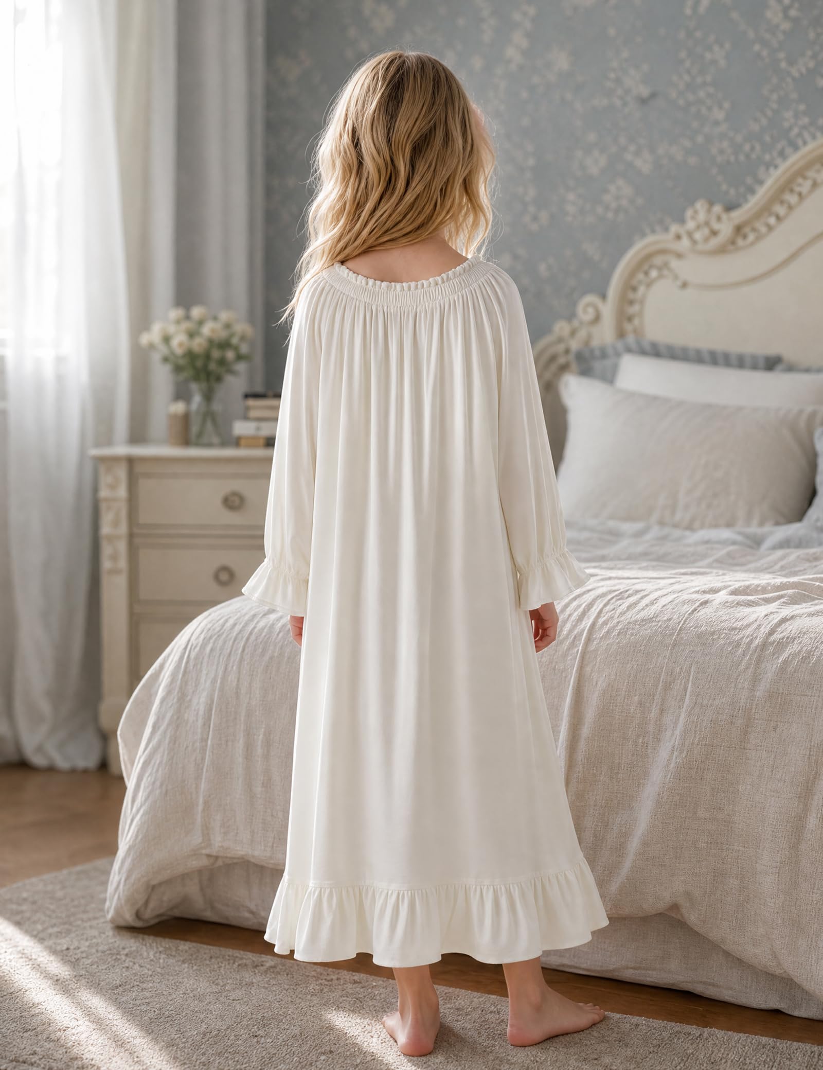 CHUNG Camisón vintage victoriano para niñas pequeñas, de modal, manga larga, encaje, cuello cuadrado, camisón de princesa