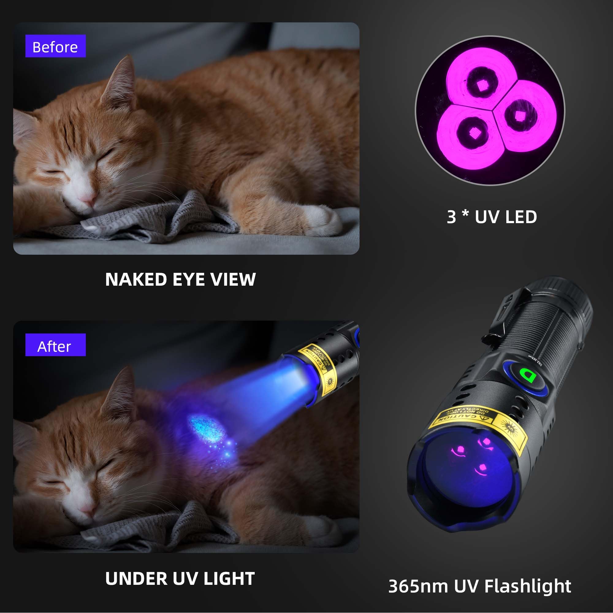 Linterna UV de luz negra de 365 nm, mini potente 3 luces LED ultravioleta, recargable, detector de orina de mascotas para orina de perro/gato, manchas, curado de resina, buscador de rocas