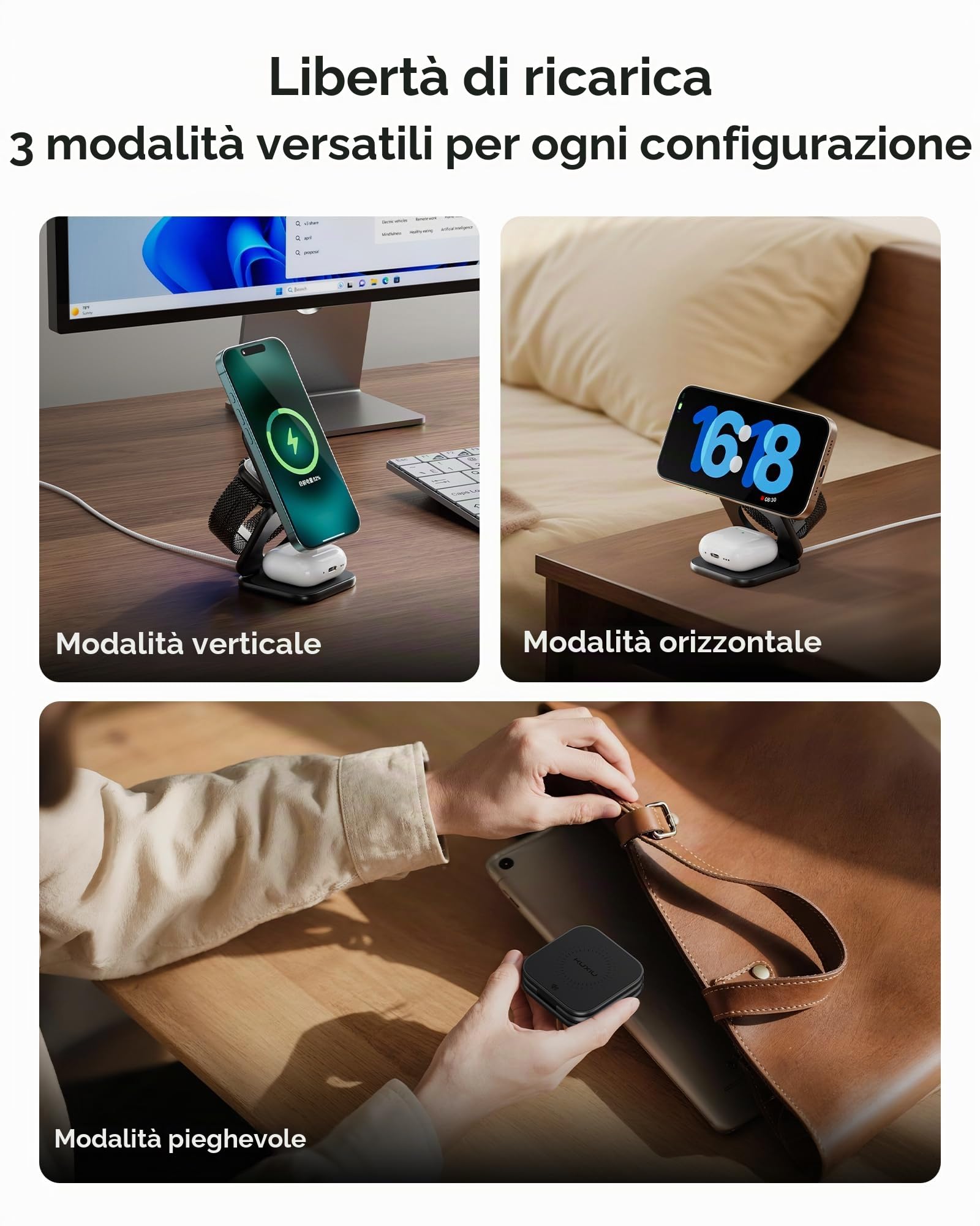 KU XIU X40 Turbo Qi2 25W Stazione di Ricarica, Caricatore Wireless 3 in 1 Pieghevole per iPhone 17/16/15/14/13/12/Air, 5W per iWatch 11–4/SE/Ultra & Auricolari Wireless, Design in Alluminio, Nero