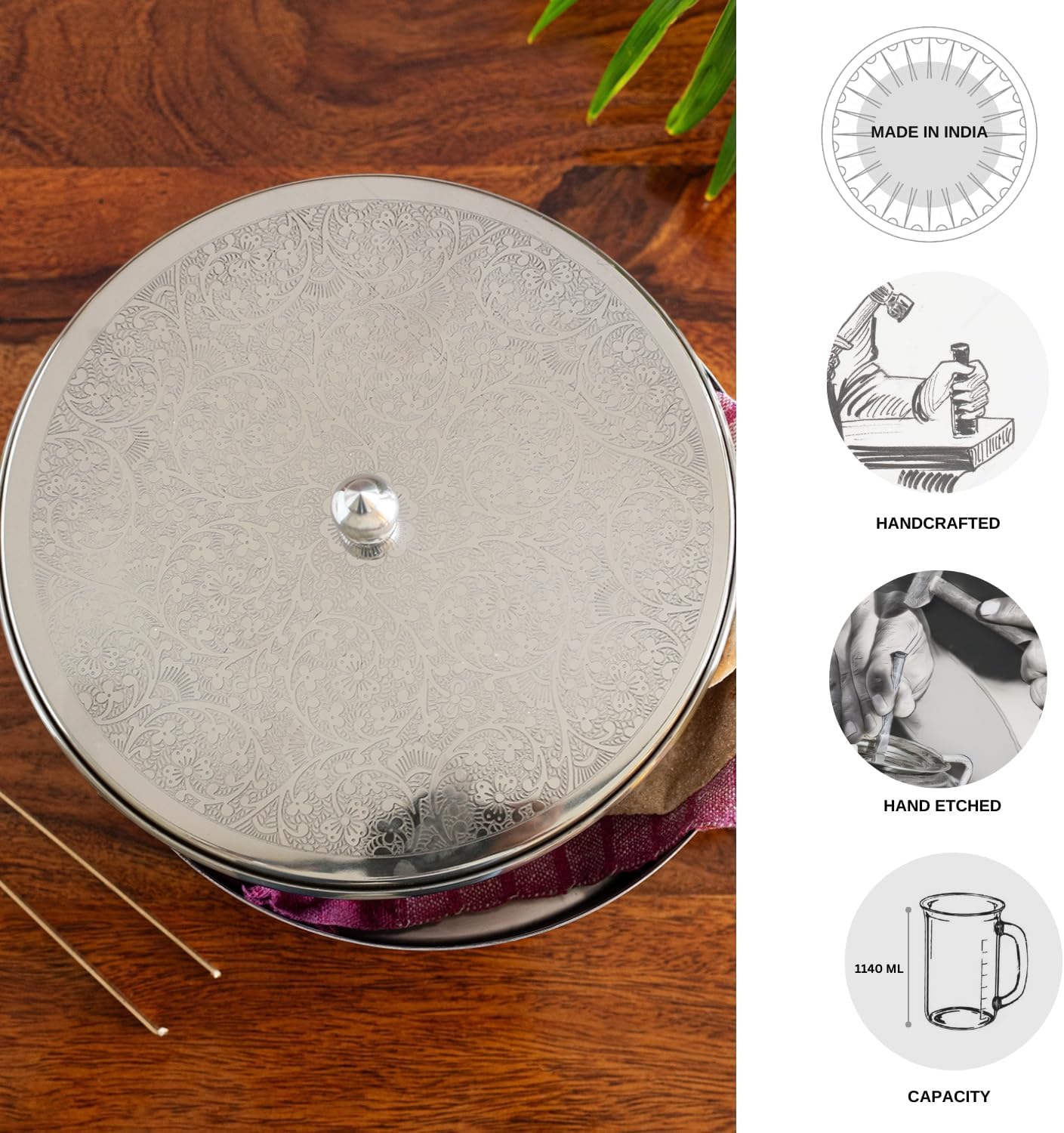 ExclusiveLane Hand-Etched Stainless Steel Chapati Box Indian For Storing Roti With Tong In Brass Roti Box Container Casserole For Roti With Lid Tortilla Warmer Holder (8.2 Inch, 1080 ml)