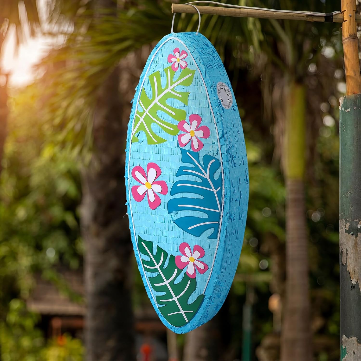 23 Inch Blue Surfboard Piñata with Stick Blindfold Confetti, Hawaii Beach Theme Surfboard Piñata Red Frangipani Palm Leaves Patterned for Summer Luau Birthday Party Decorations