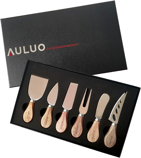 AULUO Cheese Knives Gift Set of 6, Stainless Steel Cheese Knife Set Wooden Handle, Gifts for Cheese Lovers