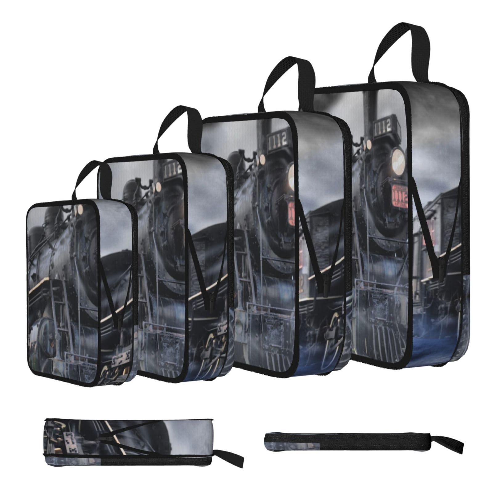 Esnaiuvcd Black Steam Train Clouds Print 4 Set Compression Packing Cubes For Suitcases,Expandable Storage Bags Organizers