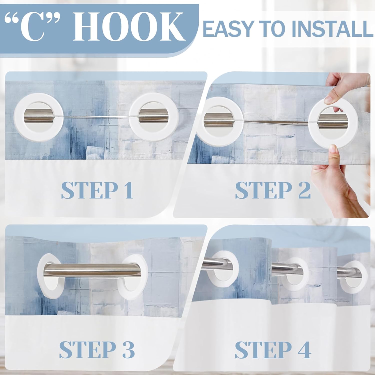 Hookless Shower Curtain with Snap in Liner, Blue No Hook Shower Curtain with Liner Set, Watercolor Abstract Bathroom Curtain with Liner and See Through Top Window Bathroom Decor Set 71x74 Inches