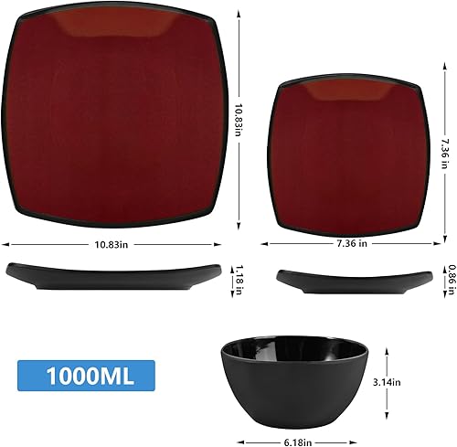 Miniatura 2 de Juego de vajilla cuadrada de melamina de 12 piezas para 4 platos y cuencos de color rojo profundo para parrilla de interiorexterior, fiesta de