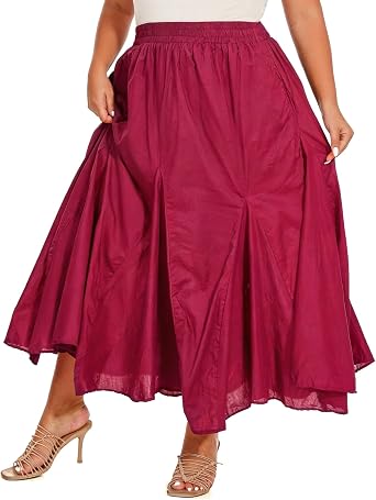Beautybatik المرأة القطن Boho Gypsy Long Maxi Godet Broomstick Flare Skirt Plus Size 1X 2X 3X