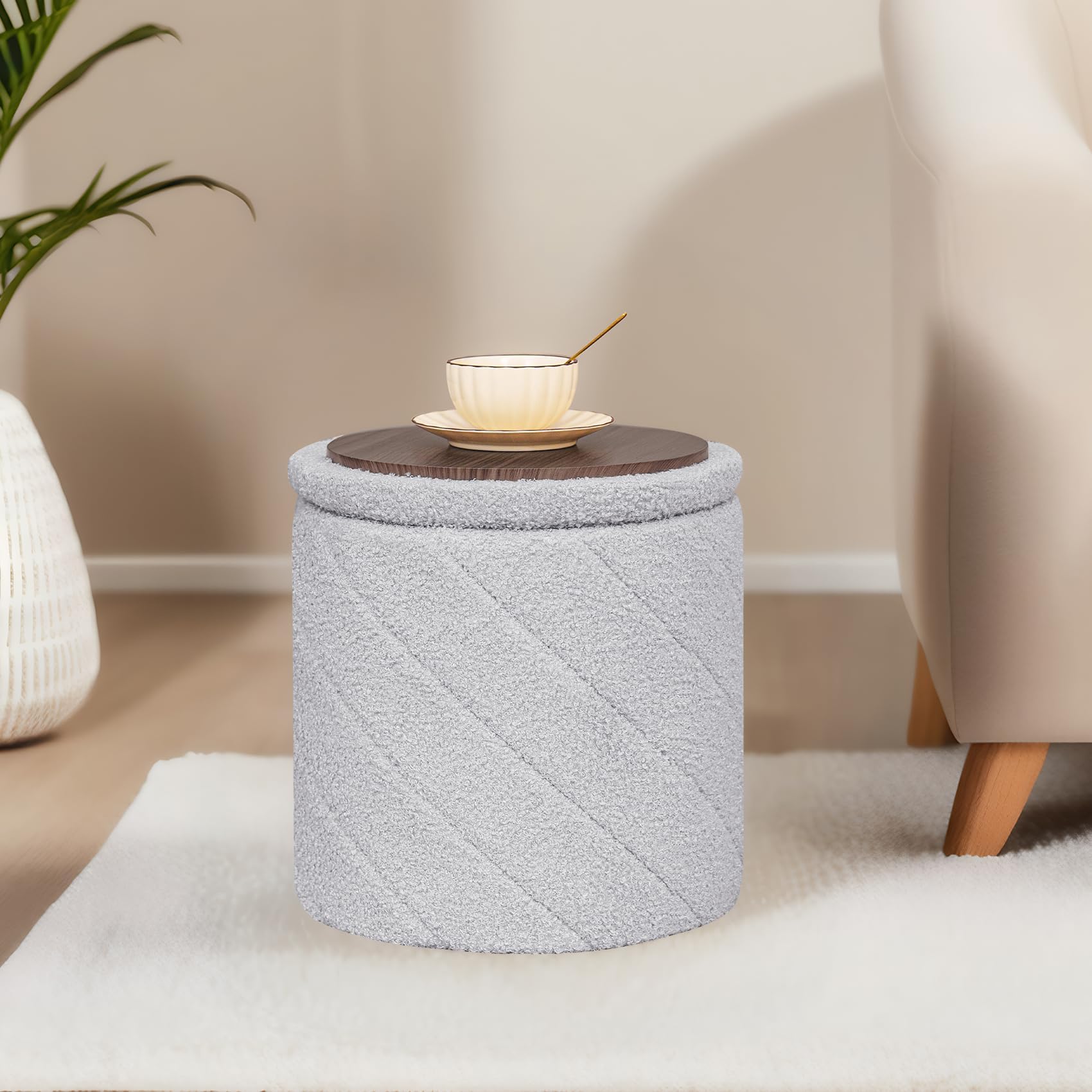 PINPLUS Pouf rotondo con contenitore, poggiapiedi convertibile in morbido bouclé, imbottito e pieghevole, per soggiorno e camera da letto, 33 x 33 x 35 cm, grigio