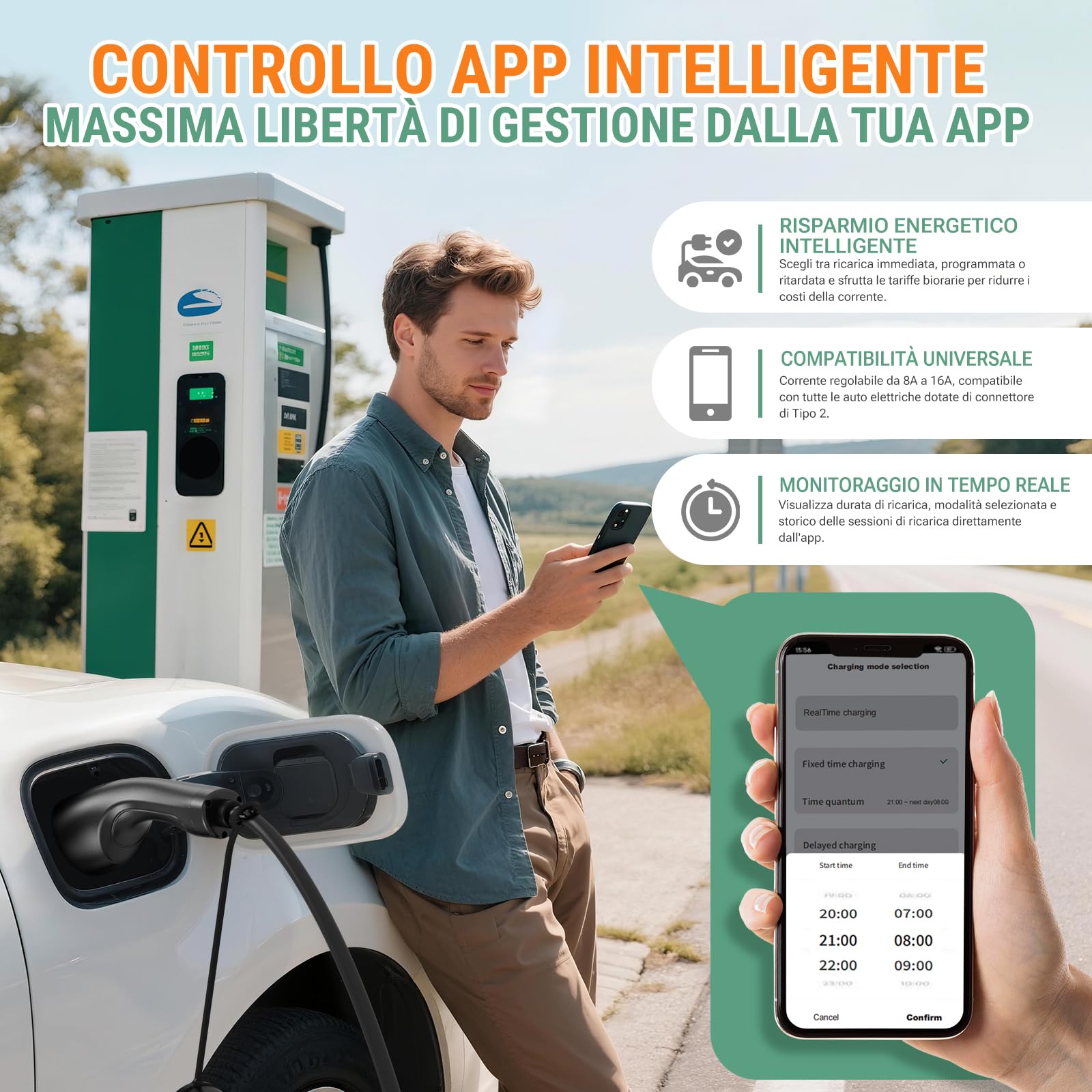 AIMILER Wallbox 11kW (8-16A 400V) 7,6M con Gestione App e OLED Colonnina Ricarica Auto Elettrica Trifase, Cavo Tipo 2 Incorporato Protezione IP66 & CA/CC, Compatibile Model Y/3 Q4 e-208 500e EV/PHEV