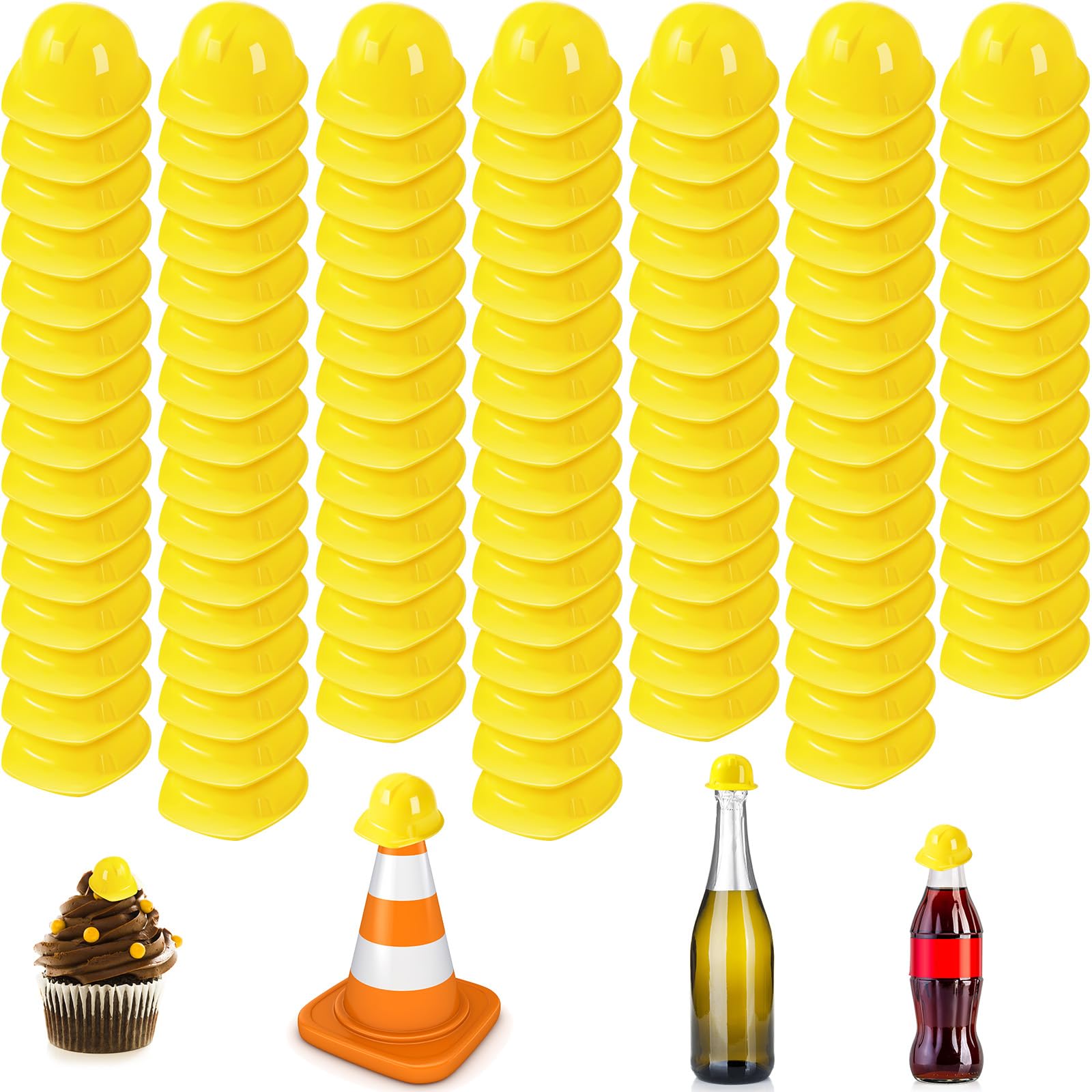 100 Pieces Miniature Construction Hat Mini Construction Toy Doll Hats Plastic Yellow Miniature Bottle Topper Hats for Party