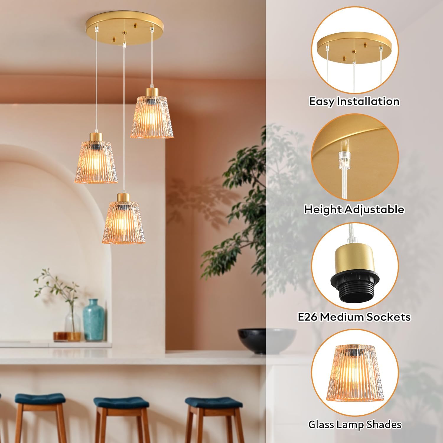pendant lights kitchen island with amber glass shade,3-light mid century modern pendant light fixtures,industrial adjustable chandelier ceiling hanging lamp for dining room hallway living room amber stripe