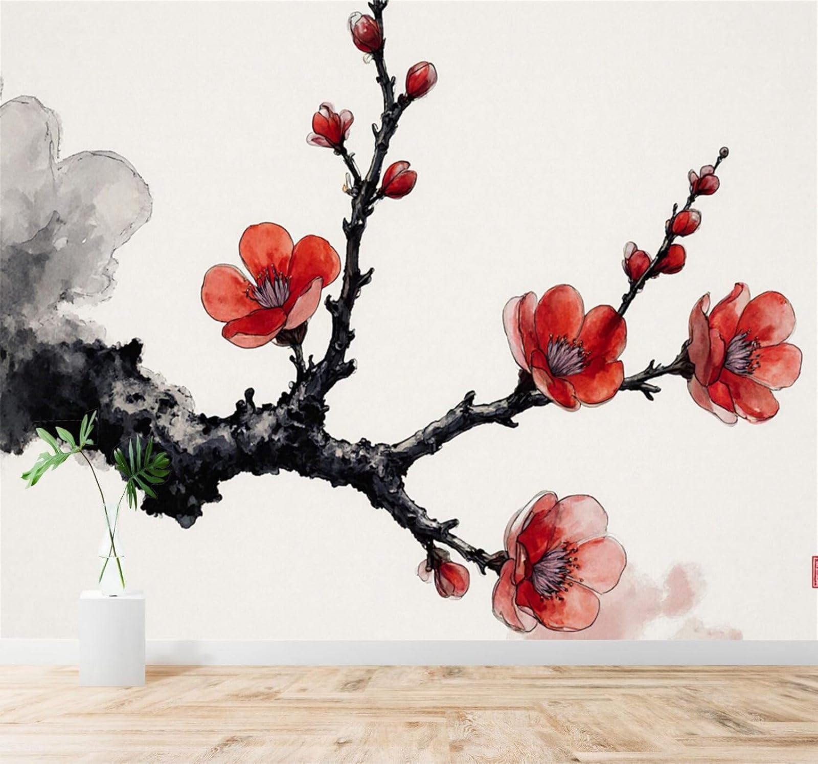XLMING Hand Painted Red Plum Blossoms Ink Wash Branches Art 3D Wallpaper Premium Textured Silk Study Dining Living Room Bedroom Sofa TV Wall Easy Install-150cm×105cm