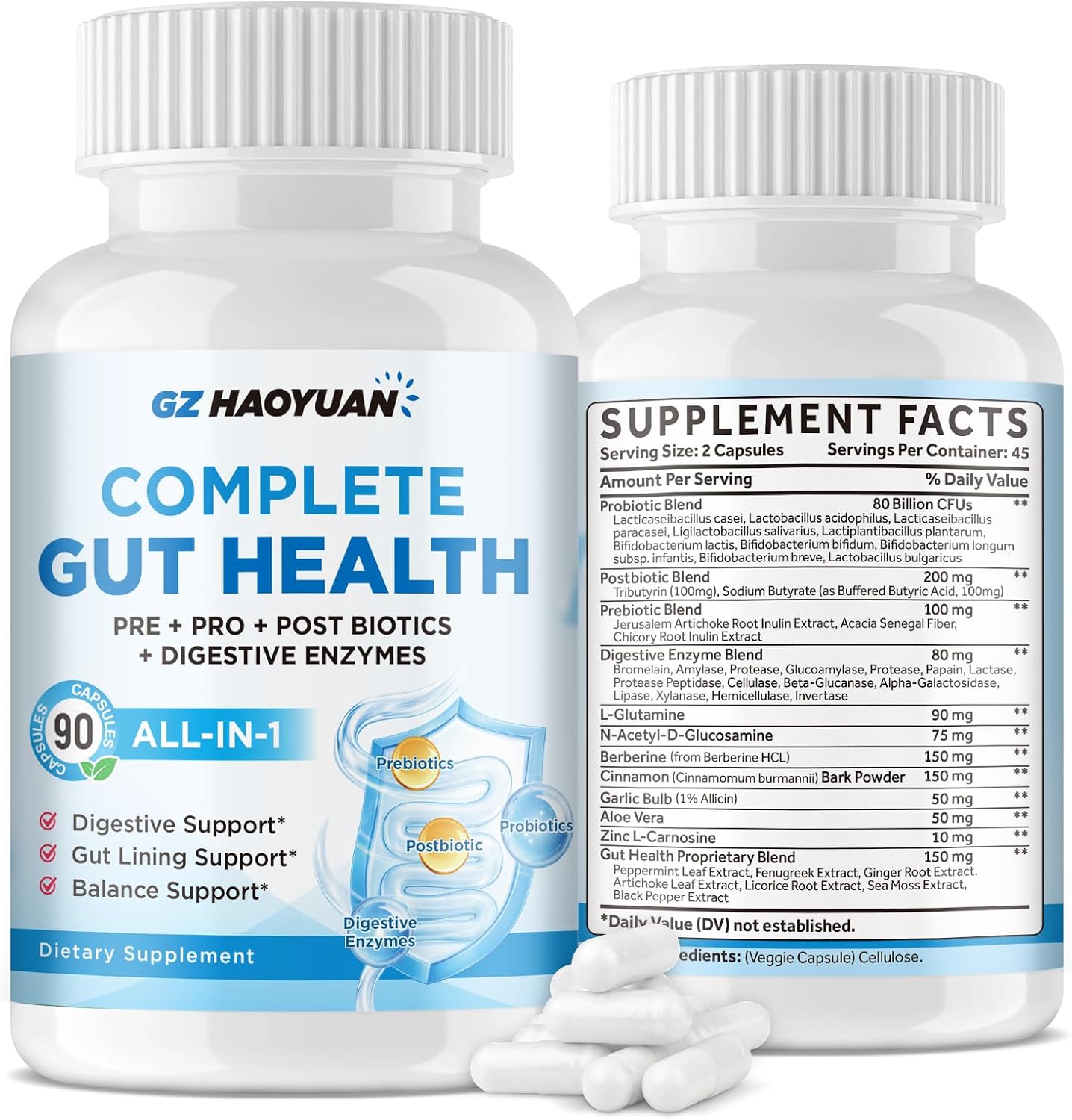 All-in-1 Gut Health with Probiotics, Prebiotics, Postbiotics & Digestive Enzymes for Women & Men, Complete Gut Health & Digestive Support Supplement, Immune Health Support, 90 Capsules