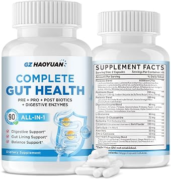All-in-1 Gut Health with Probiotics, Prebiotics, Postbiotics & Digestive Enzymes for Women & Men, Complete Gut Health & Digestive Support Supplement, Immune Health Support, 90 Capsules