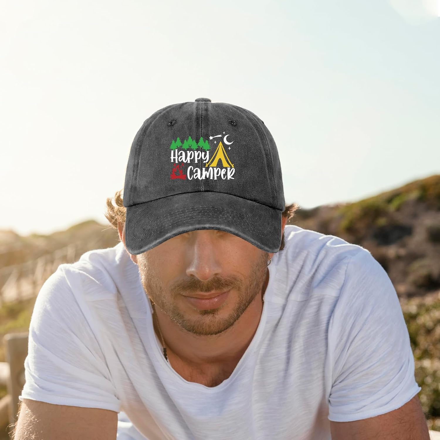 Funny Camping Trucker Hats Happy Camper Colorful Printed Baseball Caps Classic Cotton Adjustable Baseball Hats for Men Women Cool Camping Cap Gifts for Dad Mom Friend Coworker Camping Lover - Image 4