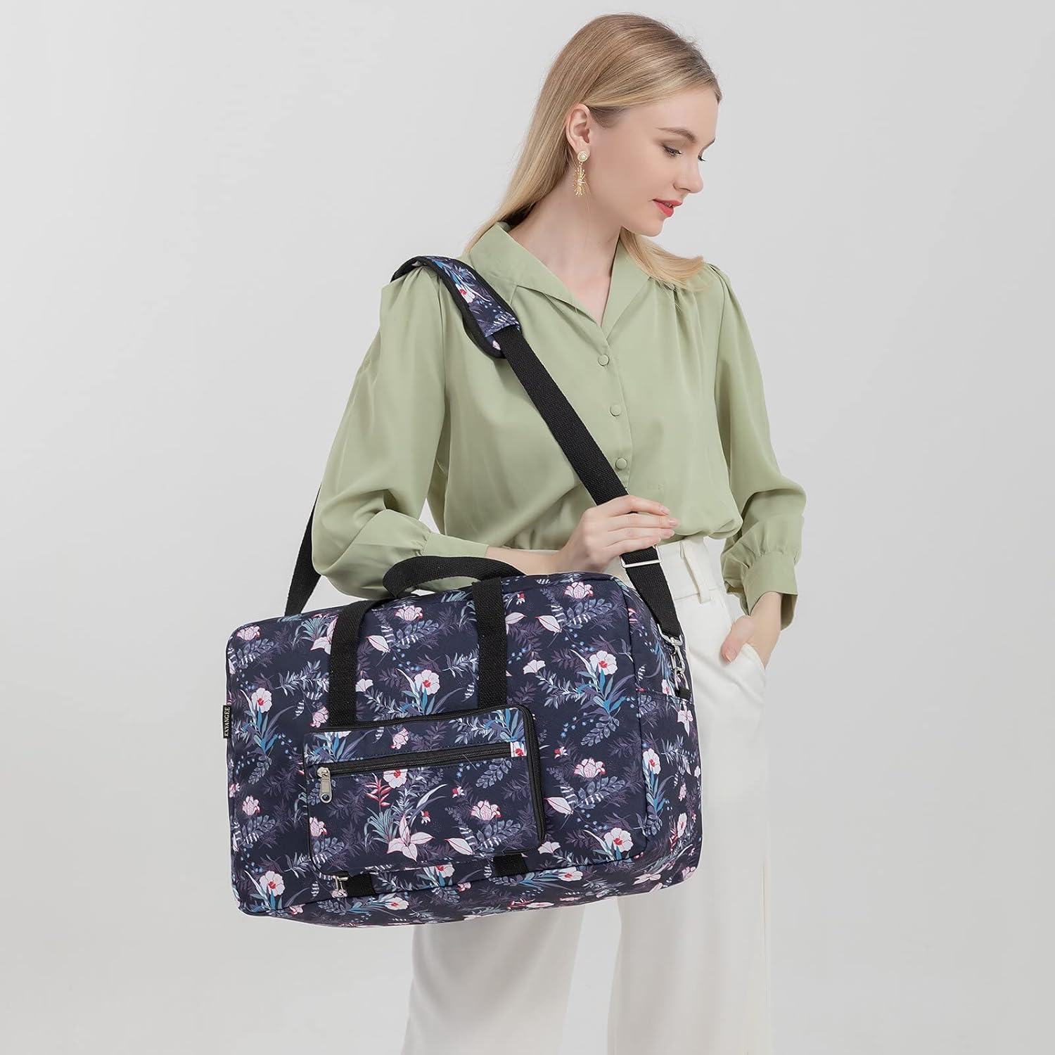 Foldable Travel Duffel Bag, Medium Women's Weekender and Overnight bag carry on Luggage bag for Women(Black Floral) - Image 6