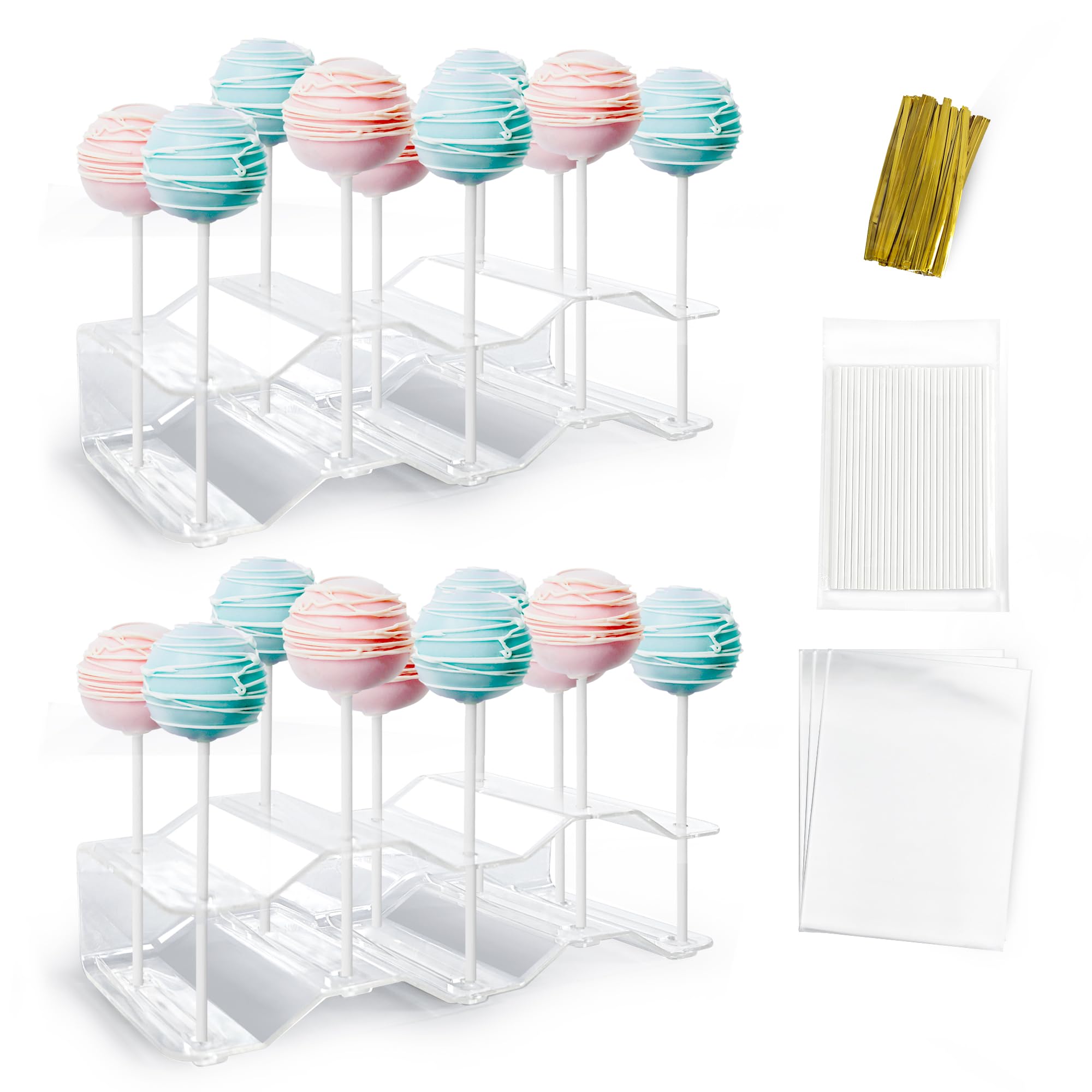 NWK 2 Pieces Cake Pop Stands with Sticks Kit. Lollipop Holders Candy Display Stand 20 Holes with 50 Pcs Sticks, 50 Pcs Clear Wrappers, 50 Pcs Gold Twist Ties (Clear)