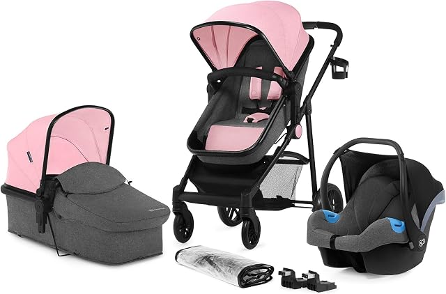 Kinderkraft Pram 3 in 1 Set JULI, Travel System, Baby Pushchair, Rear and Front Facing, Foldable, with Infant Car Seat, Accessories, Footmuff, Cupholder, from Birth to 3 Years, Pink