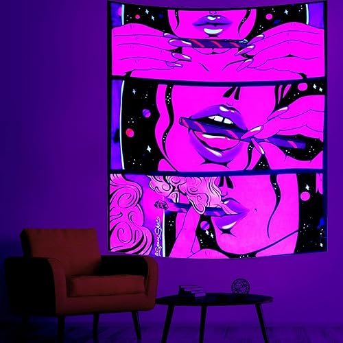 Miniatura 3 de Blacklight Cool Girl - Tapiz para colgar en la pared, arte hippie, decoración de pared de anime morado para dormitorio, póster estético con rayos