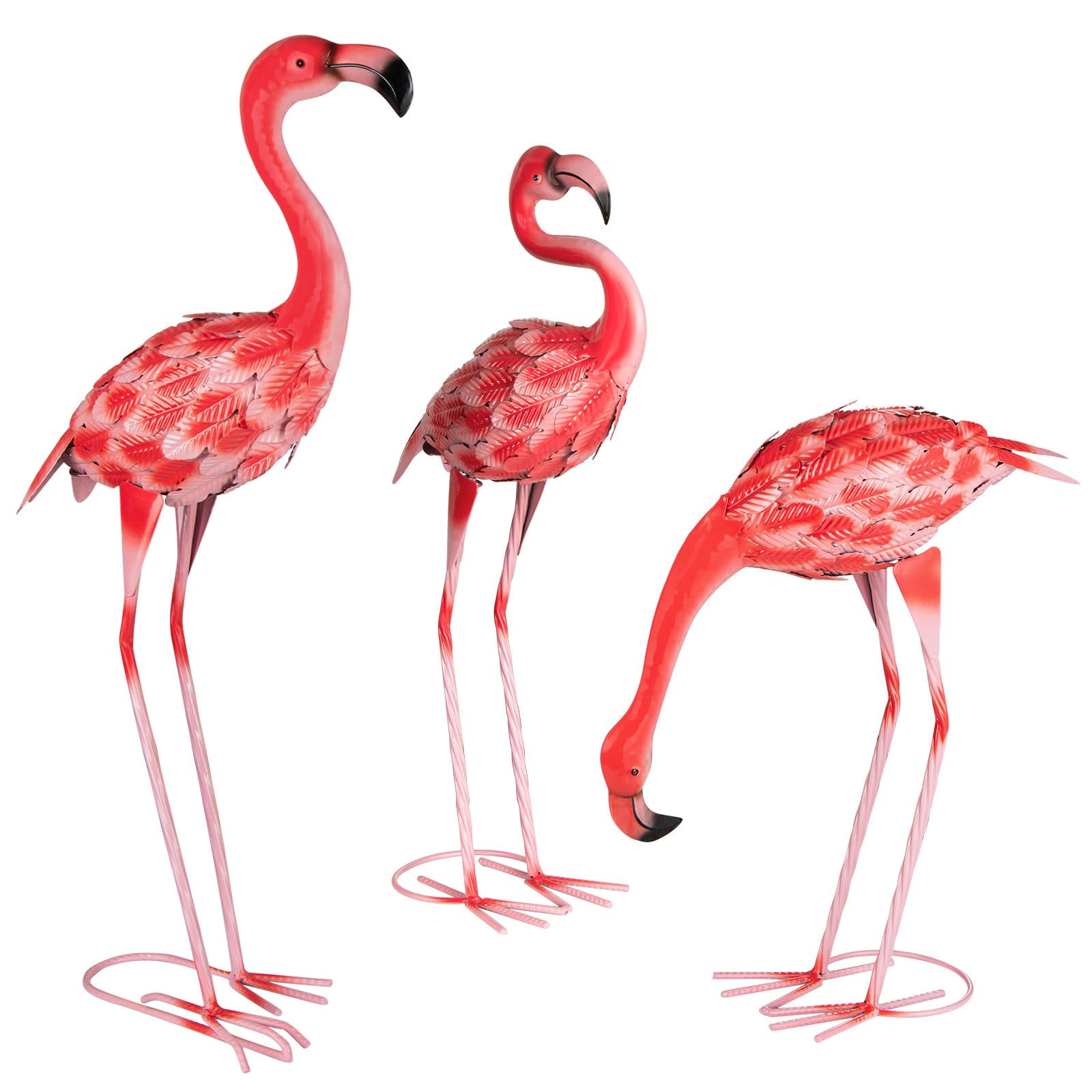 Sculptures de jardin flamant rose : lot de 3 en métal rouge pour colorer une pelouse un peu terne