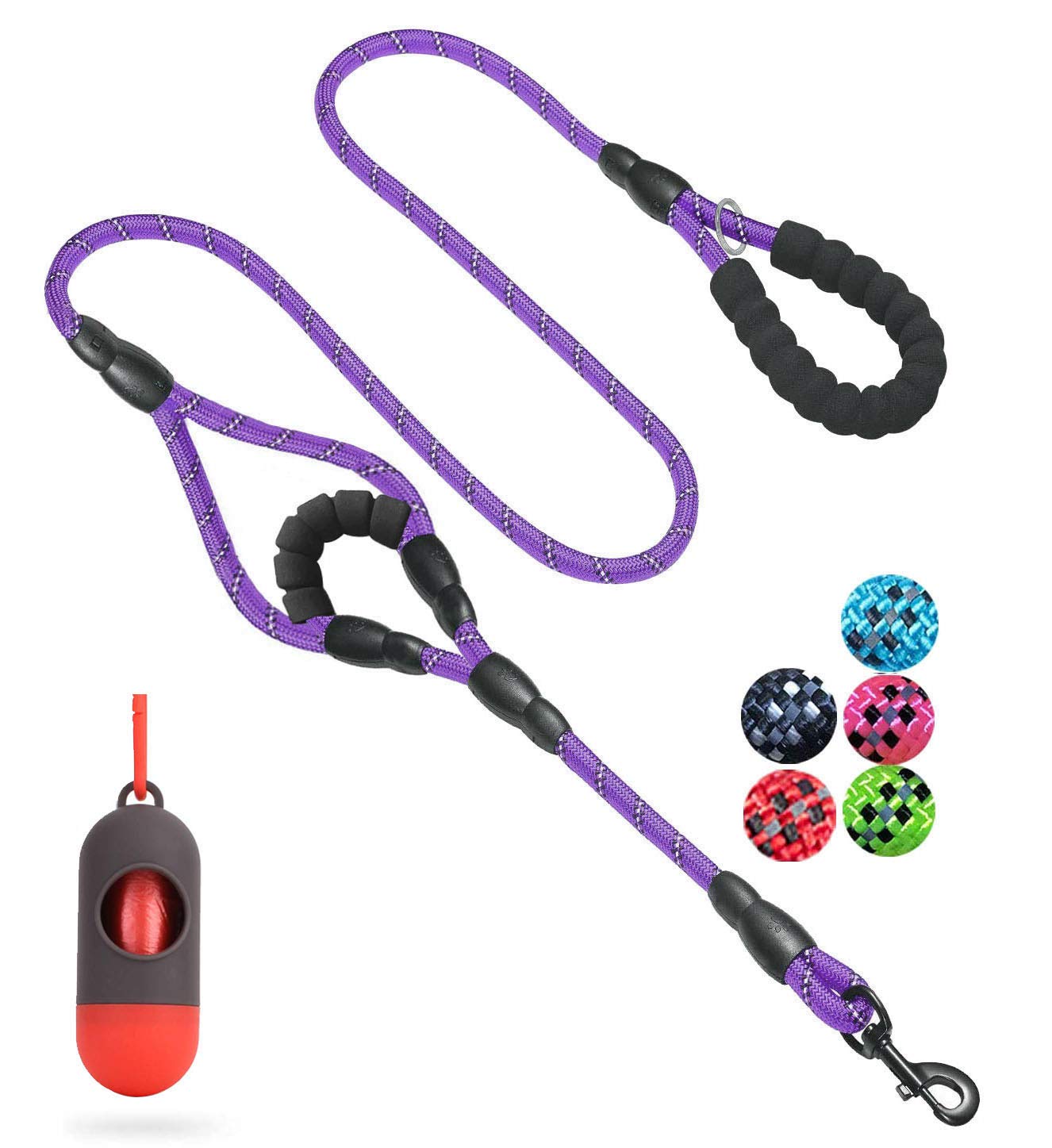 Correa para perros JSXD con asa doble cómoda acolchada y reflectante, para perros pequeños, medianos, grandes y pequeños, cuerda leash, cuerda morada.