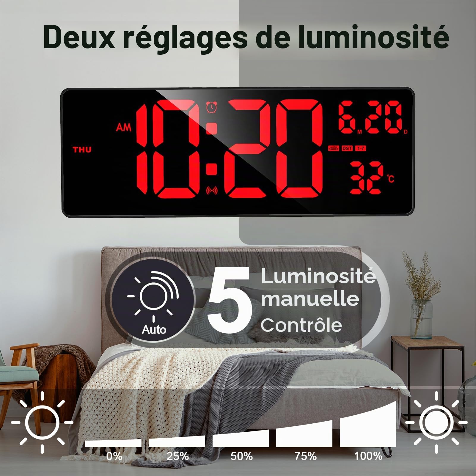 XREXS Horloge Murale 16,5" Écran Rouge Barre Lumineuse Colorée