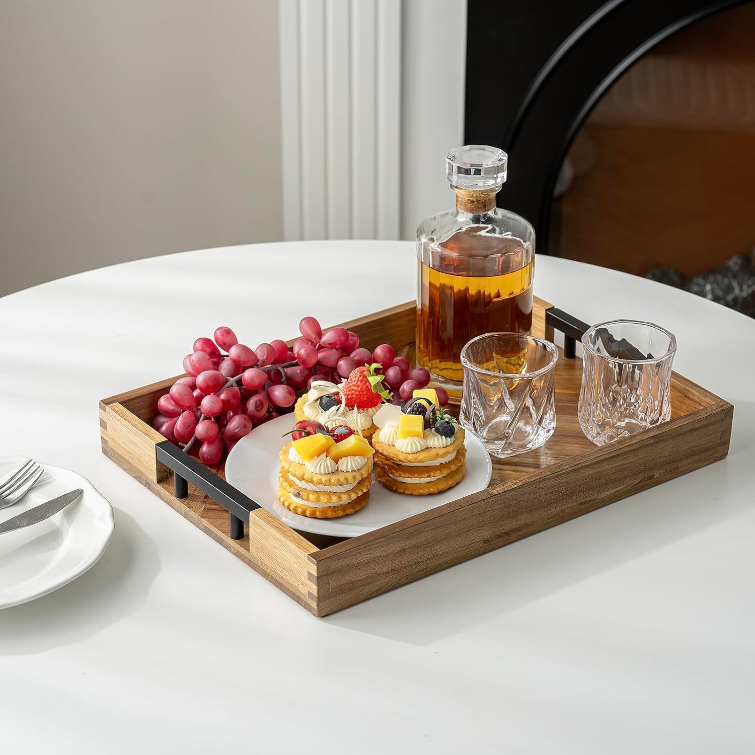 MyGift 15.6 Inch Chevron Design Premium Solid Acacia Wood Decorative Serving Tray with Matte Black Metal Handles, Stylish & Durable Tray for Kitchen, Living Room, & Entertaining