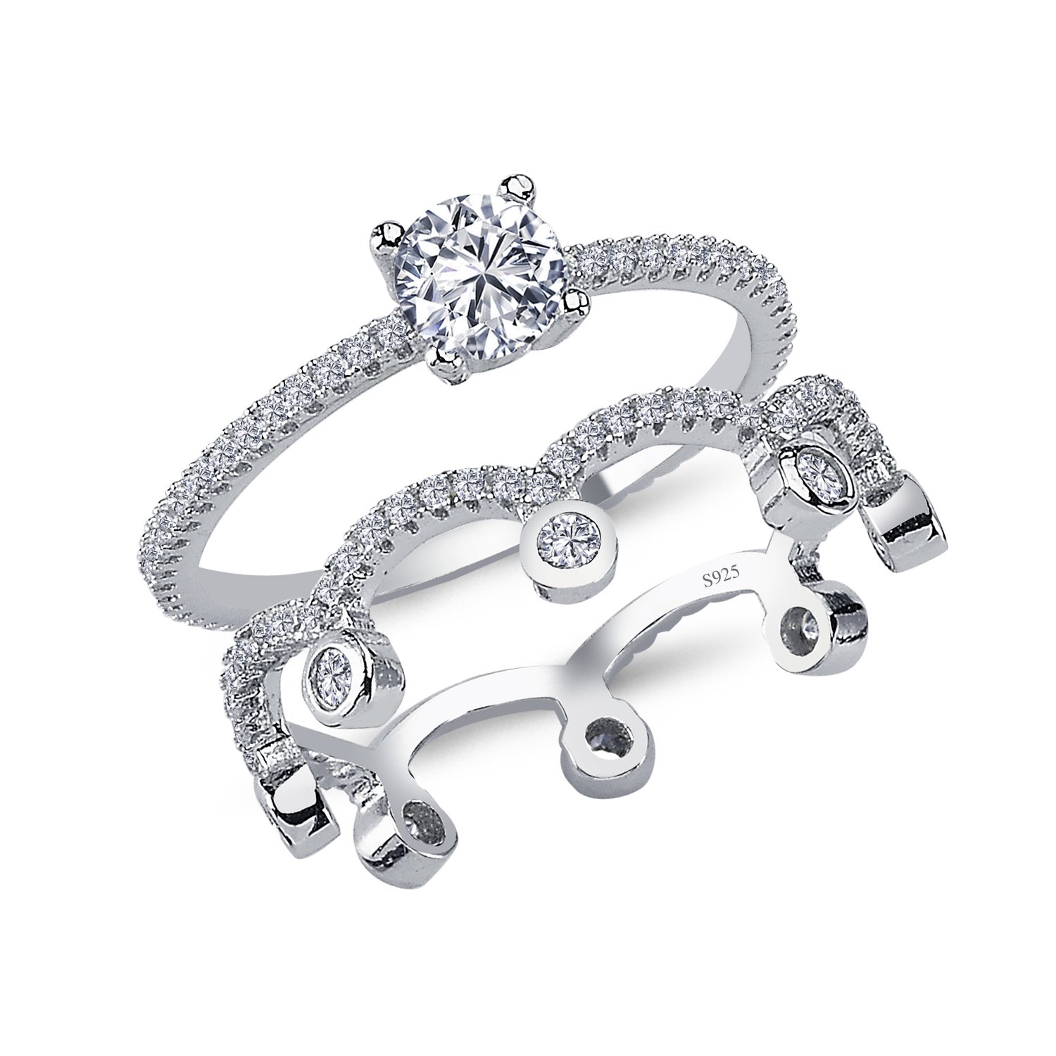 925 Sterling Silver Cushion Halo 5A+ Gem Grade Quality PRINCESS CROWN TIARA DESIGN ROUND BRILLIANT Cut Set of 2 Pcs, Bridal Anniversary Promise Engagement Wedding CZ Rings Comfort Fit Rhodium Plated