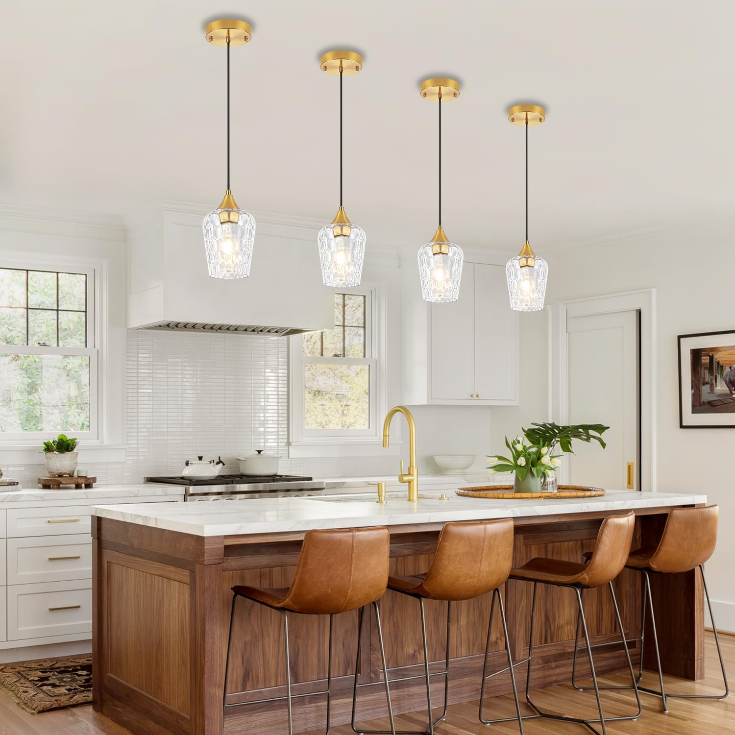 Brushed Gold Pendant Light Fixtures, Thick Hammered Glass Pendant Lights Kitchen Island 3 Pack Modern Hanging Light Hallway Ceiling Light Fixtures Mini Pendant Lights for Bathroom Dining Room
