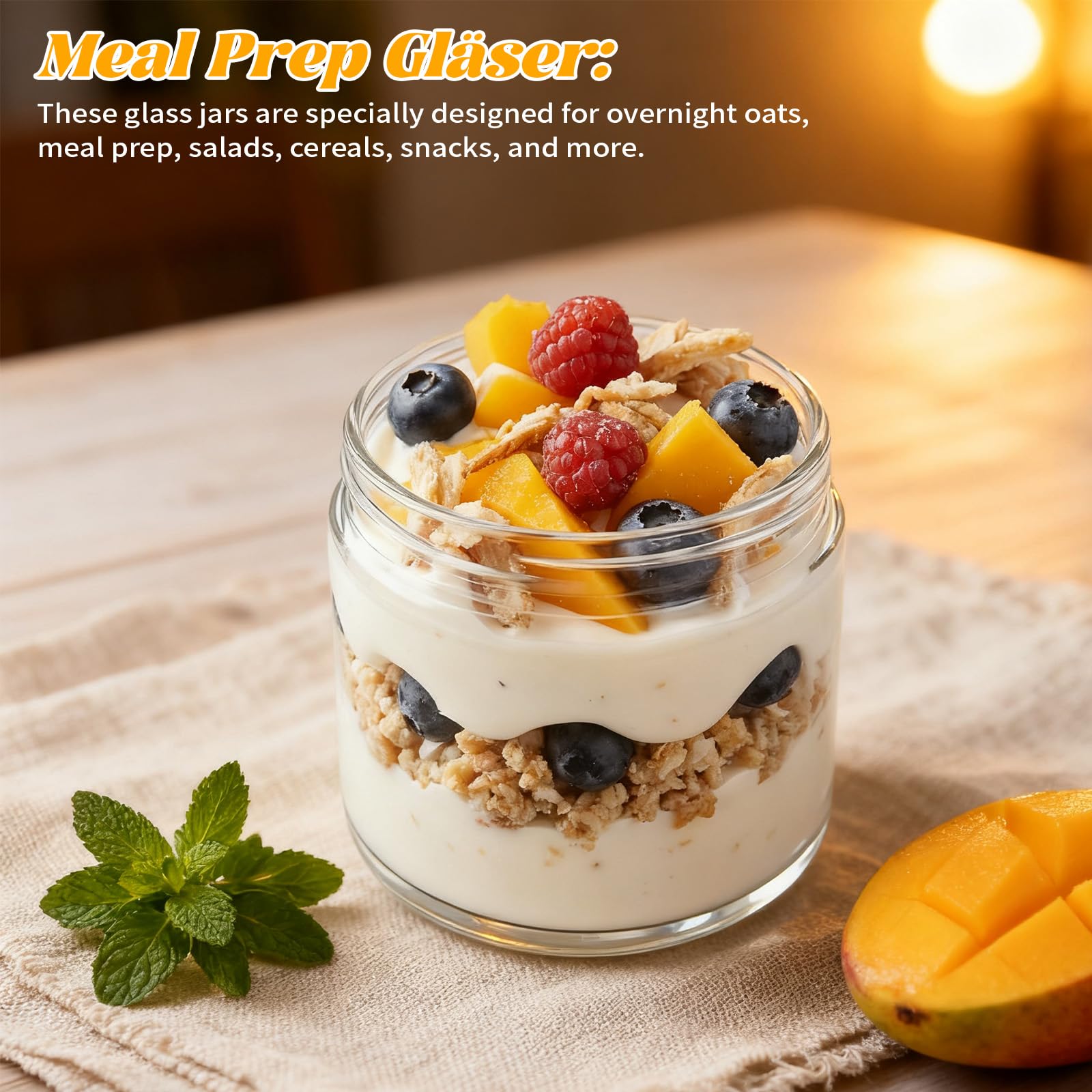 Zocipro Zestaw 4 słoików Overnight Oats Jar 600 ml i 350 ml, słoiki ze szkła borokrzemianowego, słoiki na jogurt i owsiankę z uszczelnianymi zakrętkami, hermetyczny szklany słoik do przygotowywania