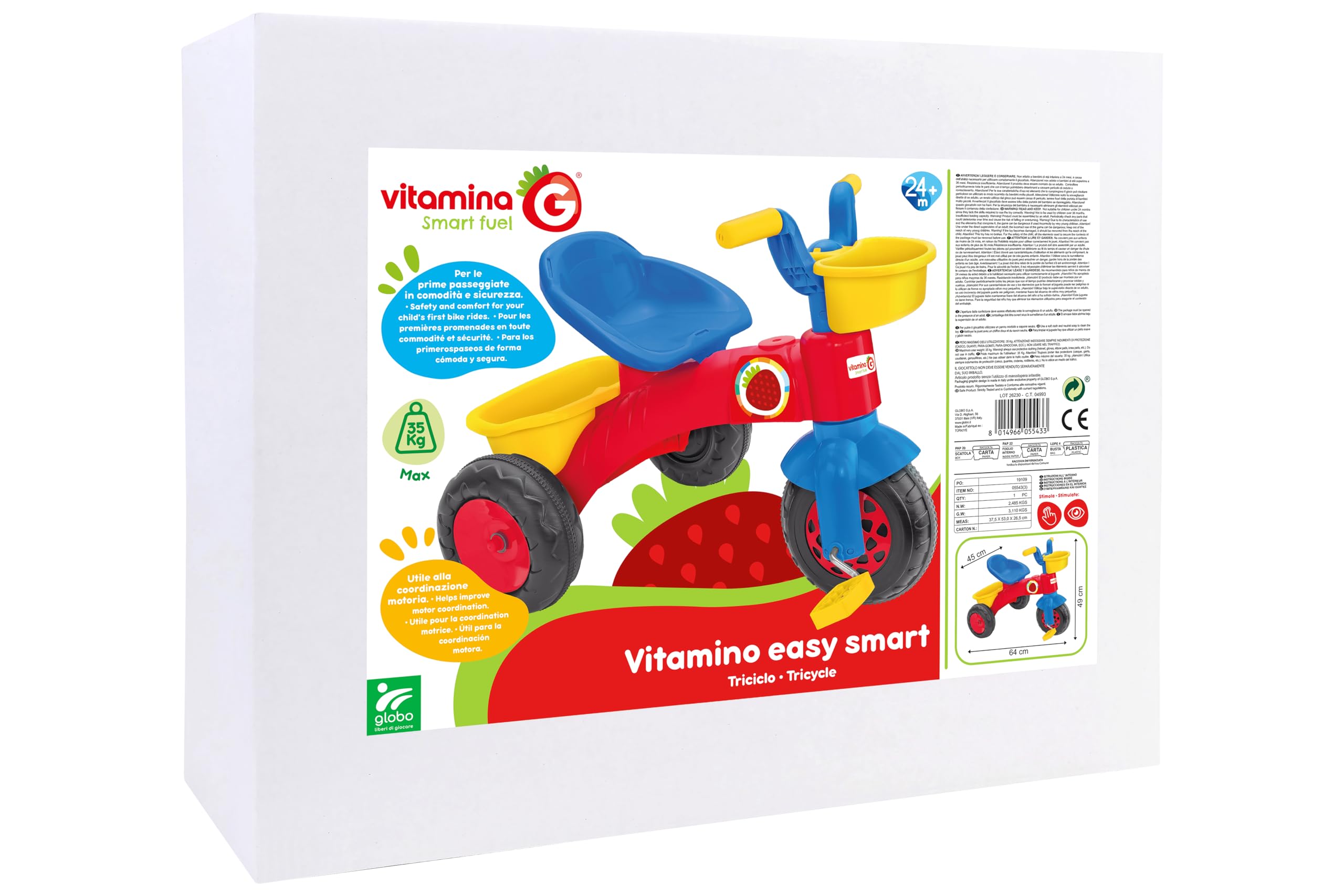 Triciclo Vitamino Easy Smart - Dimensioni 64 x 51 x 49 cm - A pedali - Sellino ergonomico e Porta oggetti - Per la prima infanzia - Globo Giocattoli 05543