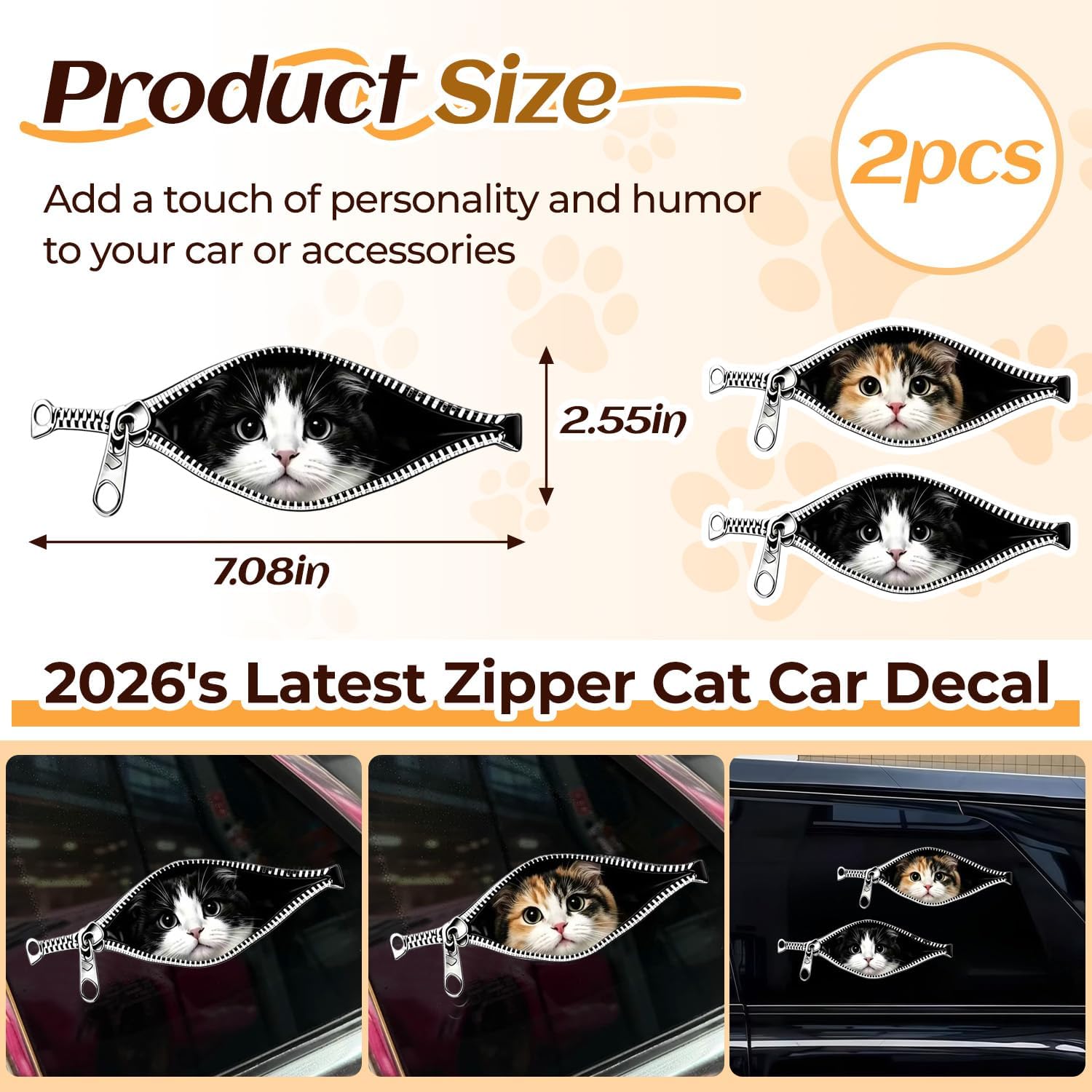 2 Pcs 2026 New Peek-a-Boo Cat Car Sticker Set, Cow Cat & Calico Cat, Funny 3D Zipper Design Waterproof Vinyl Decal for Car Window Bumper Laptop (Cow Calico Cat) image 2