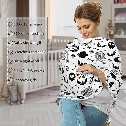 Miniatura 5 de Funda de asiento de coche para bebé, diseño de calavera gótica de murciélago y calabaza para Halloween, funda de lactancia para mamá, funda