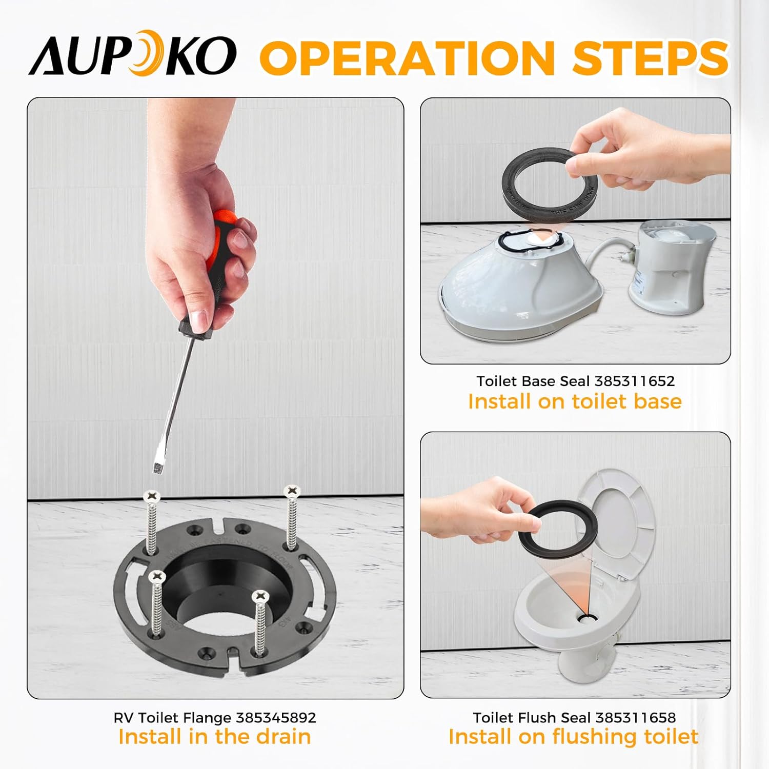 Aupoko RV Toilet Seal and 3'' Socket RV Toilet Flange Kit Compatible with 300/310/320 RV Toilets, Replace 385345892 Flange, 385311658 Flush Seal and 385311652 Base Seal, 3 in 1 Combination Seal Kit