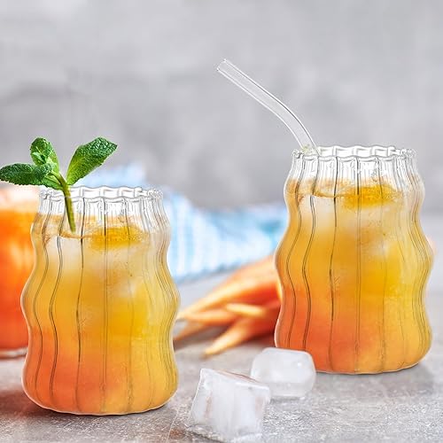 Miniatura 5 de Tebery Paquete de 4 vasos de vidrio estéticos acanalados con popote de vidrio, cristalería vintage de 16 onzas, vasos de cóctel ondulados para café