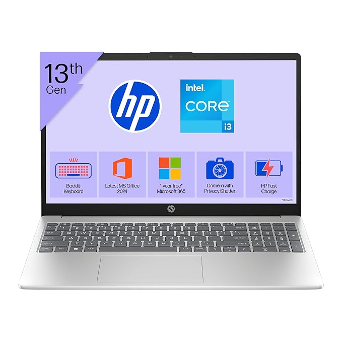 HP 15 (fd0572TU) 13th Gen i3 laptop in silver with 15.6-inch FHD display