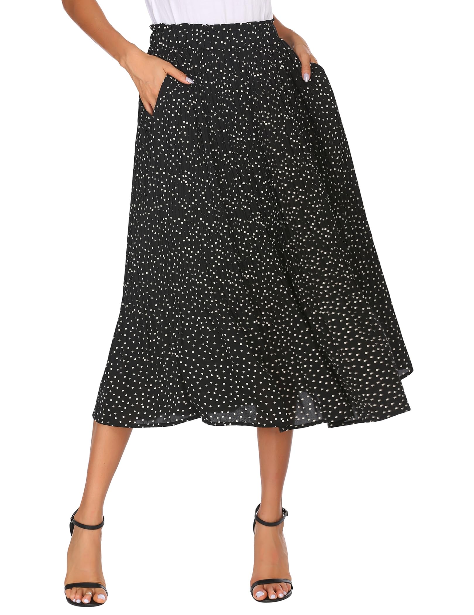 Parabler Rock Damen Chiffon Midirock Elegant Blumen Polka Dot Elastische Taille Sommerrock Lang Plisseerock mit Taschen