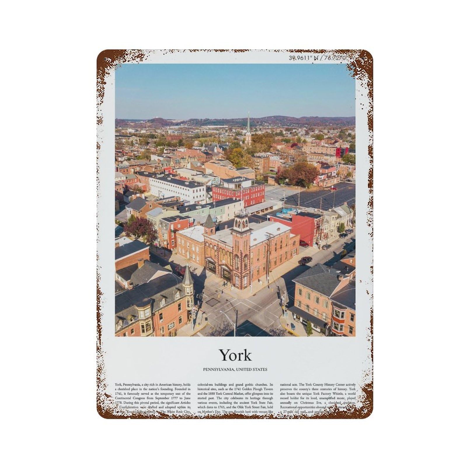 xiaoxiaoshen York Pennsylvania, United States, USA City Scenery Wall Decor Art Metal Tin Poster Modern Home Decor Art Home Bar Shop Decorations Vintage Sign 40x30cm