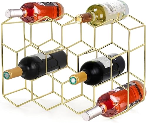 Estante de vino para encimera, soporte de vino de mesa para 14 botellas, organizador de botellas de vino dorado independiente, soporte de