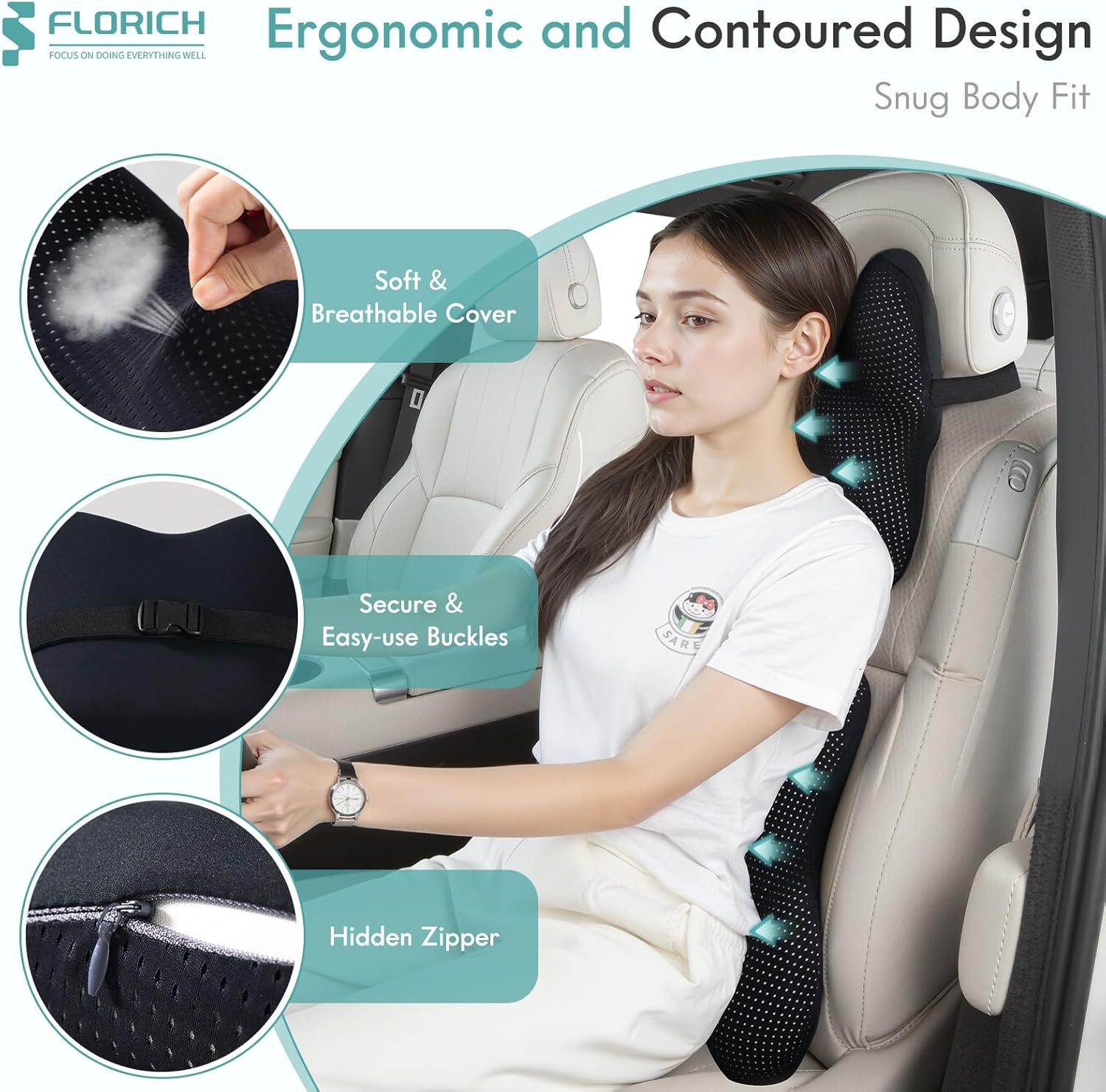 FLORICH Lumbar Support Pillow and Neck Headrest Pillow for Office Chair Car, Ergonomic Memory Foam, Relieves Neck, Back Pain, Pressure-Relieving Back Support for Car, Office Chair & Wheelchair – Black - Image 2