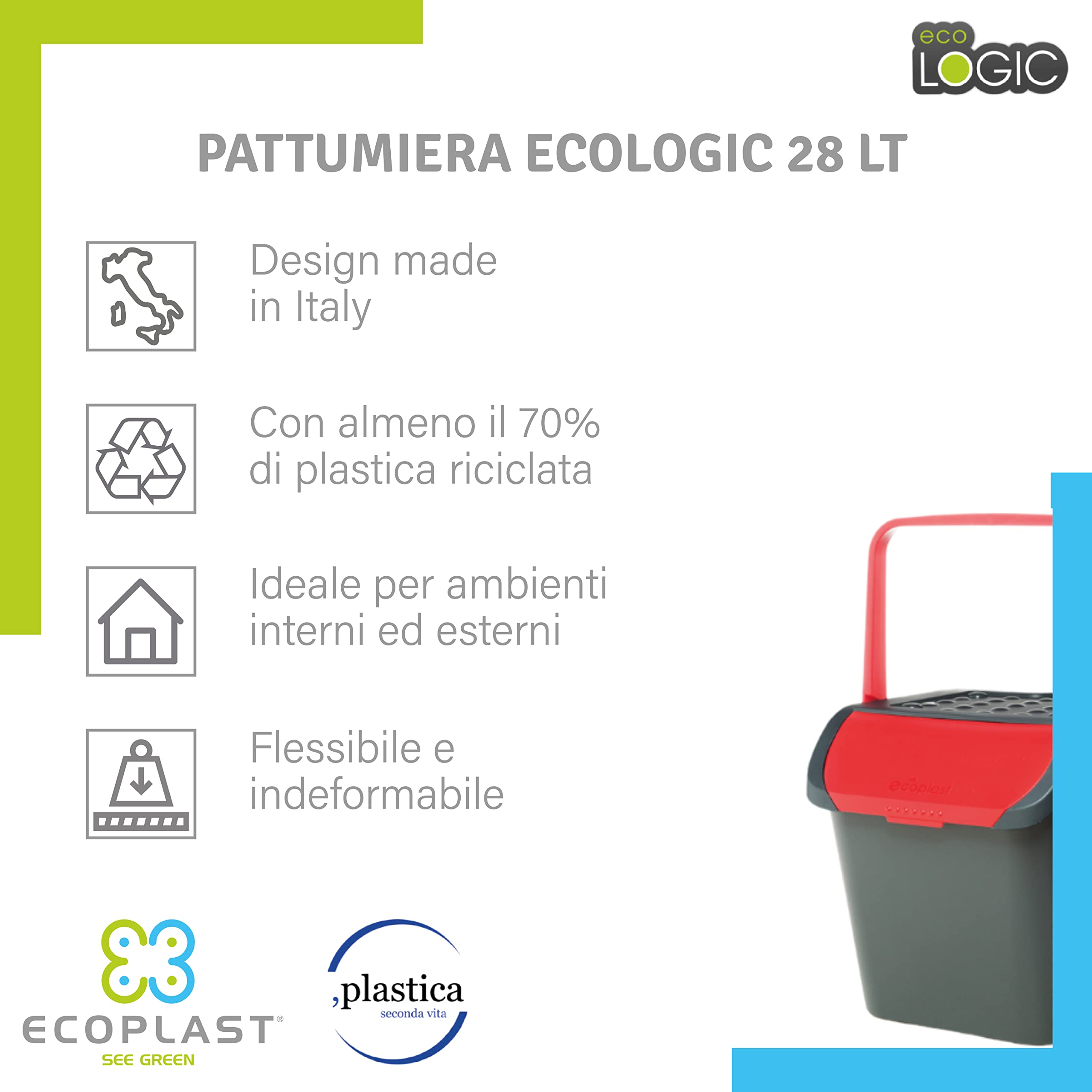 Ecoplast Tris Pattumiere Per Raccolta Differenziata 28 Lt - Giallo, Verde, Blu - Made In Italy Con Plastica Riciclata