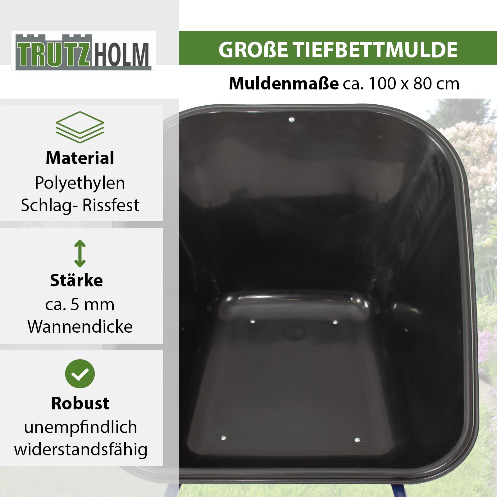 TRUTZHOLM 1-Rad Schubkarre 290 Liter 300 Kg Luftrad Metallfelge 156 x 89 cm Kunststoffmulde schwarz Futterkarre Hofkarre Schiebkarre