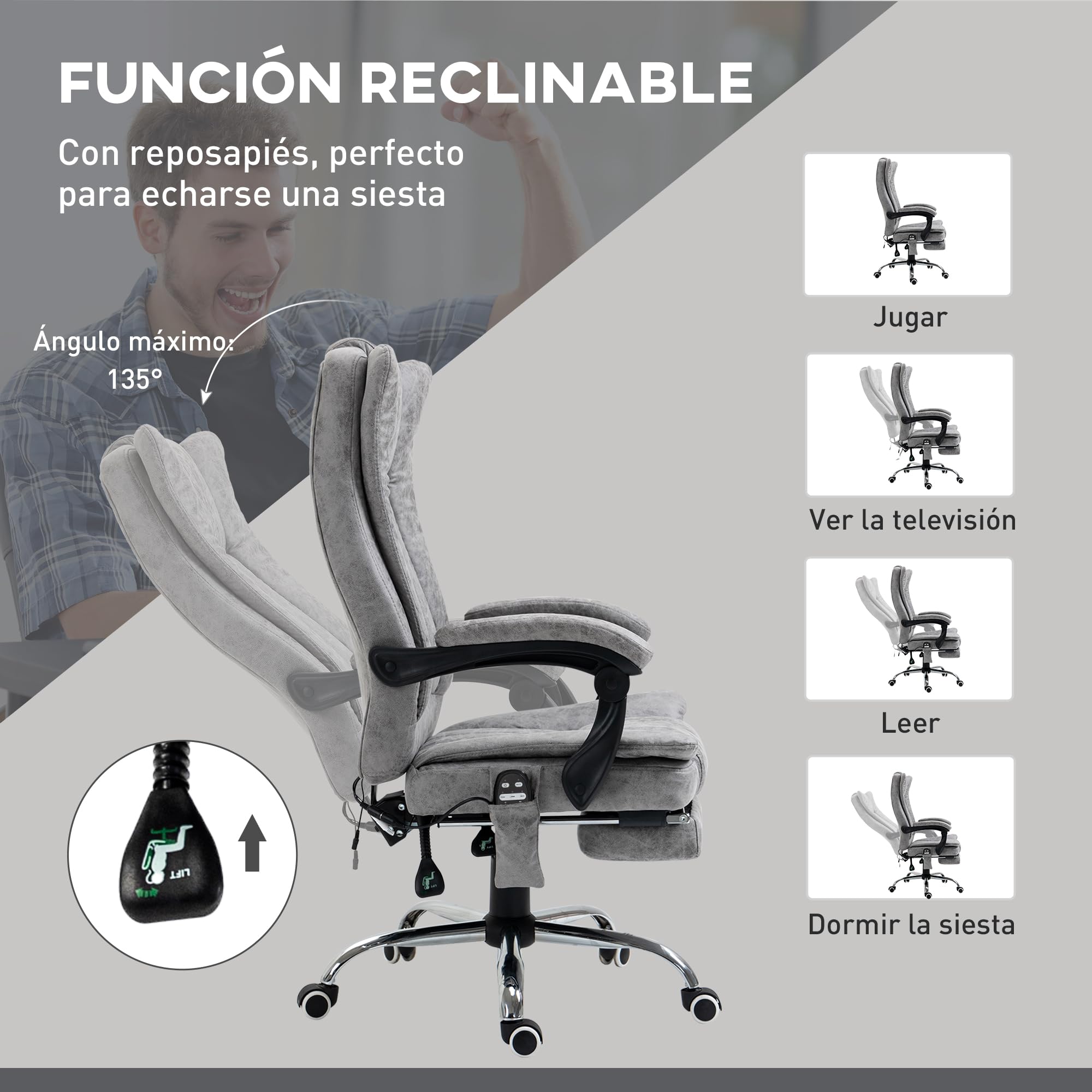 Vinsetto Silla de Oficina con 6 Puntos de Masaje, Reclinable 135º, Gris | Silla de Escritorio Giratoria, Masaje Vibratorio, Función Calefacción, Reposapiés Retráctil, Altura Ajustable, Control Remoto