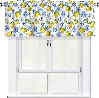 Rod Pocket Kitchen Valance Curtains 54x18 Inch, Watercolor Blue White Flowers Lemon Tree Leaf Floral, Blackout Thermal Insulated Window Treatment for Farmhouse Bathroom/Bedroom Small Windows