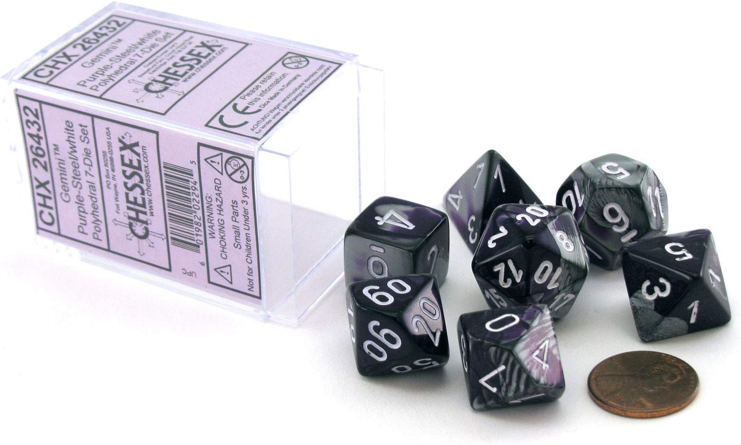 Chessex Dice Polyhedral 7-Die Gemini Set - Purple-Steel with White CHX-26432