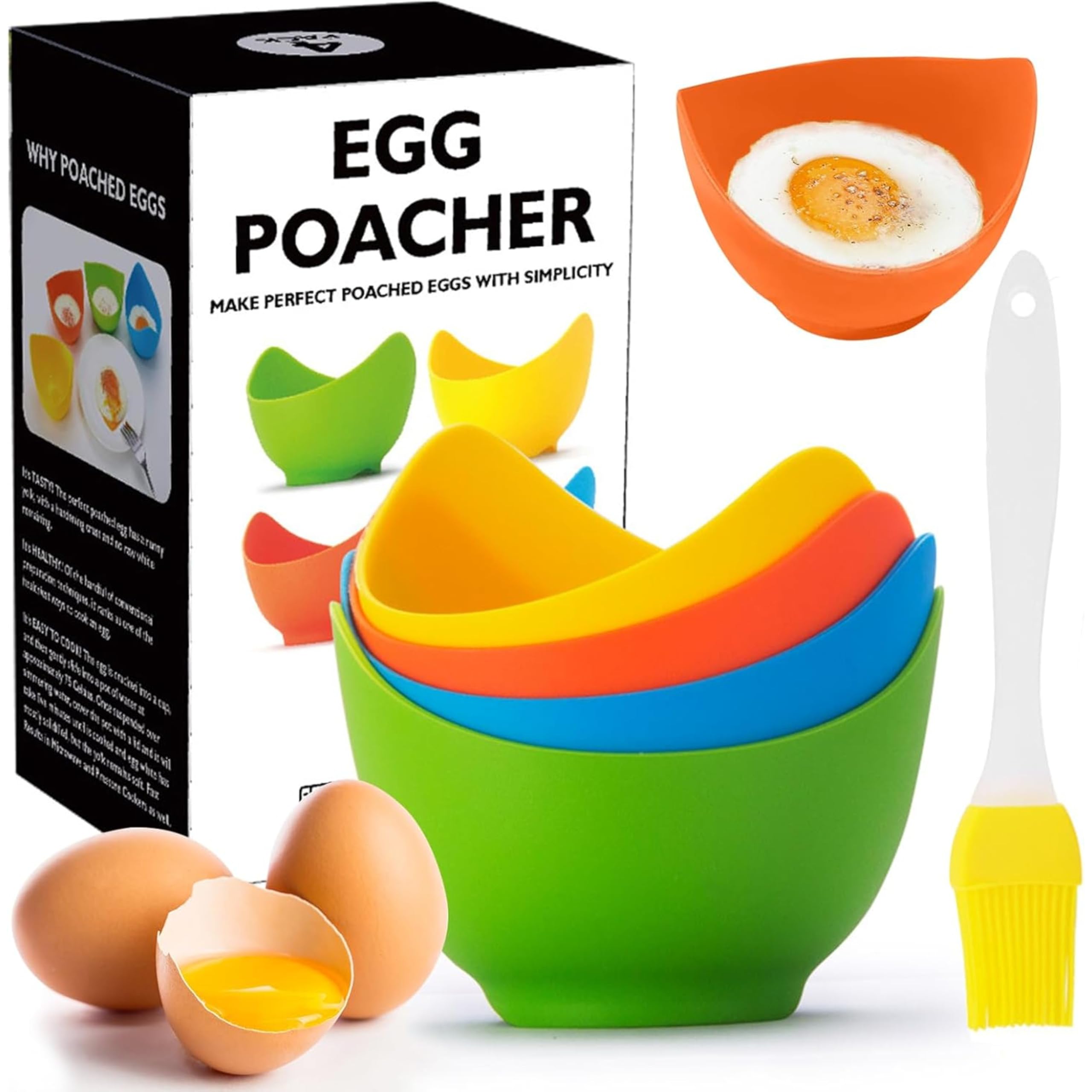 SUPREMIUM Egg Poacher - Non-Stick Silicone Egg Poaching Cups with Stand, Microwave & Stovetop Use, BPA-Free, Food Grade, Easy to Clean, 4 Pack with Bonus Silicone Oil Brush for Perfect Poached Eggs