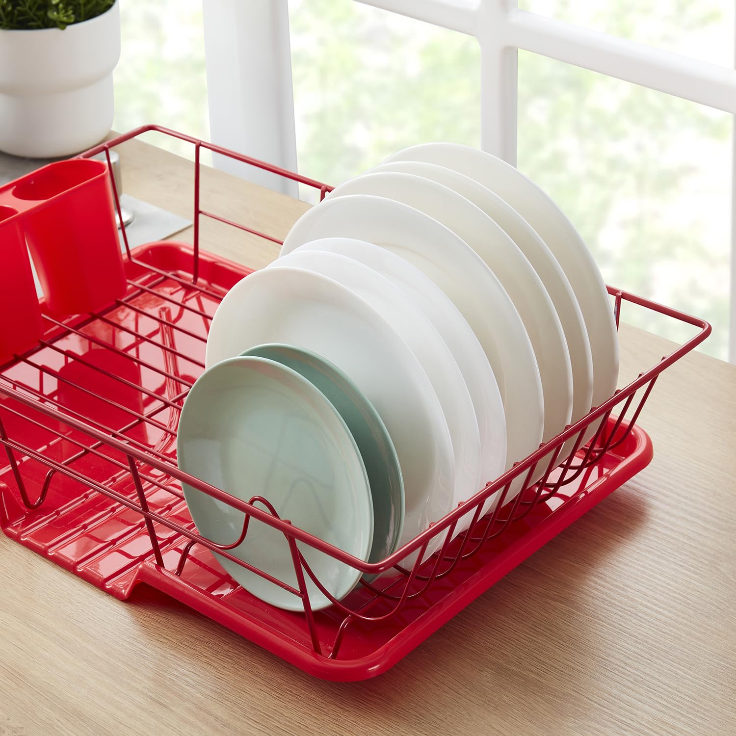 Sweet Home Collection Secado y Almacenamiento: Incluye Soporte para Cubiertos y escurridor, maximiza el Espacio de la encimera, plástico metálico, Rojo Brillante
