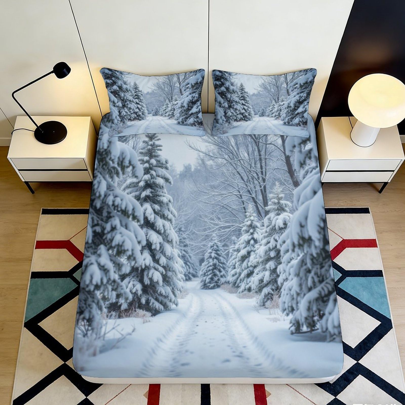 3D Printed Winter Forest Fitted Sheet Soft Microfiber Deep Pocket for Bedroom Bedding Snow Scenery Mattress Fitted Cover Non-Slip Wrap 200x200x25cm
