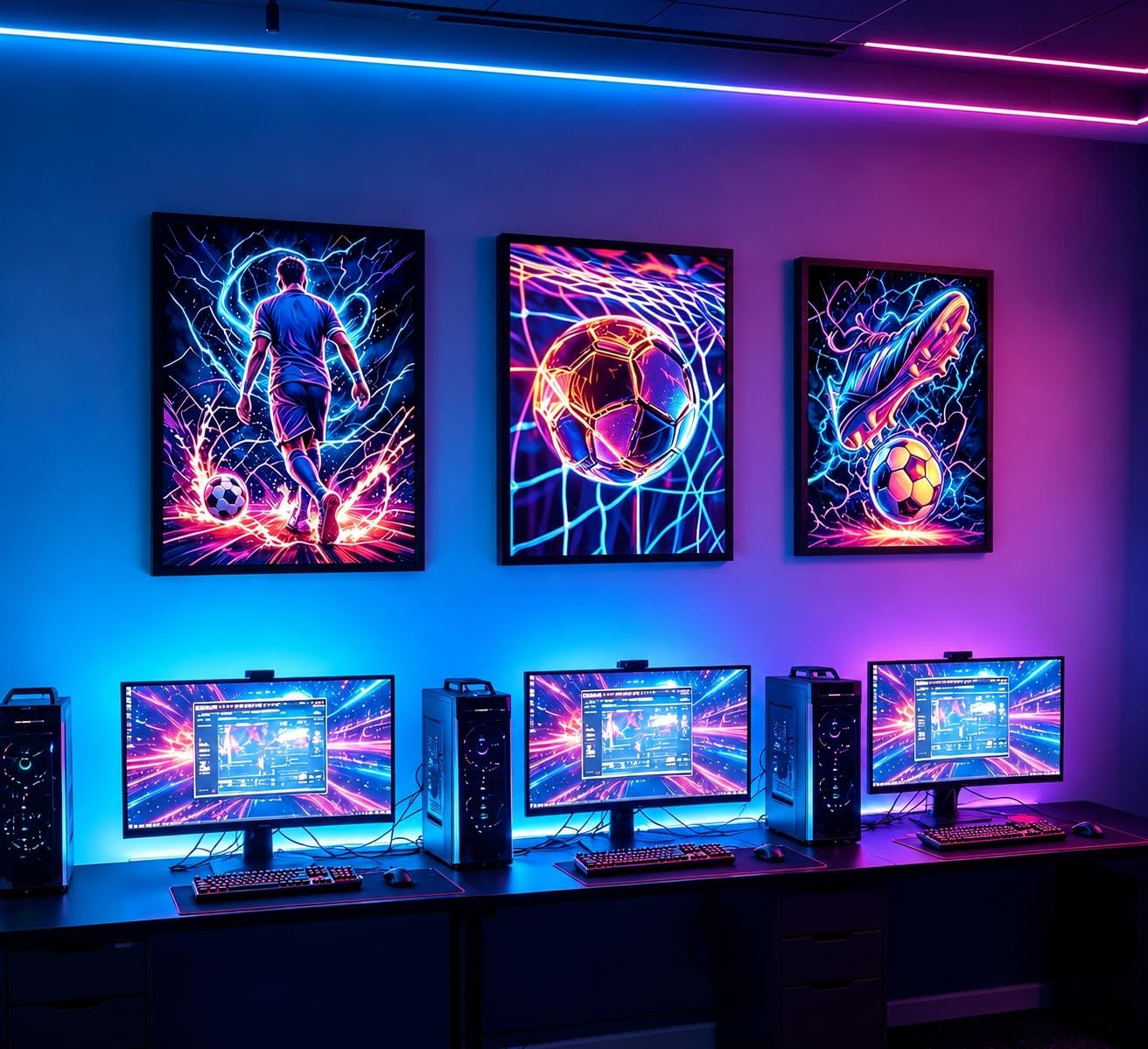 Lvbeezy 3pcs Neon Soccer Poster Wall Art Set - Vibrant Football Player Ball Canvas Prints - Trendy Sports Decor for Man Cave, Teen Bedroom, Game Room, Living Room Home Decoration 12x16In Unframed image 2